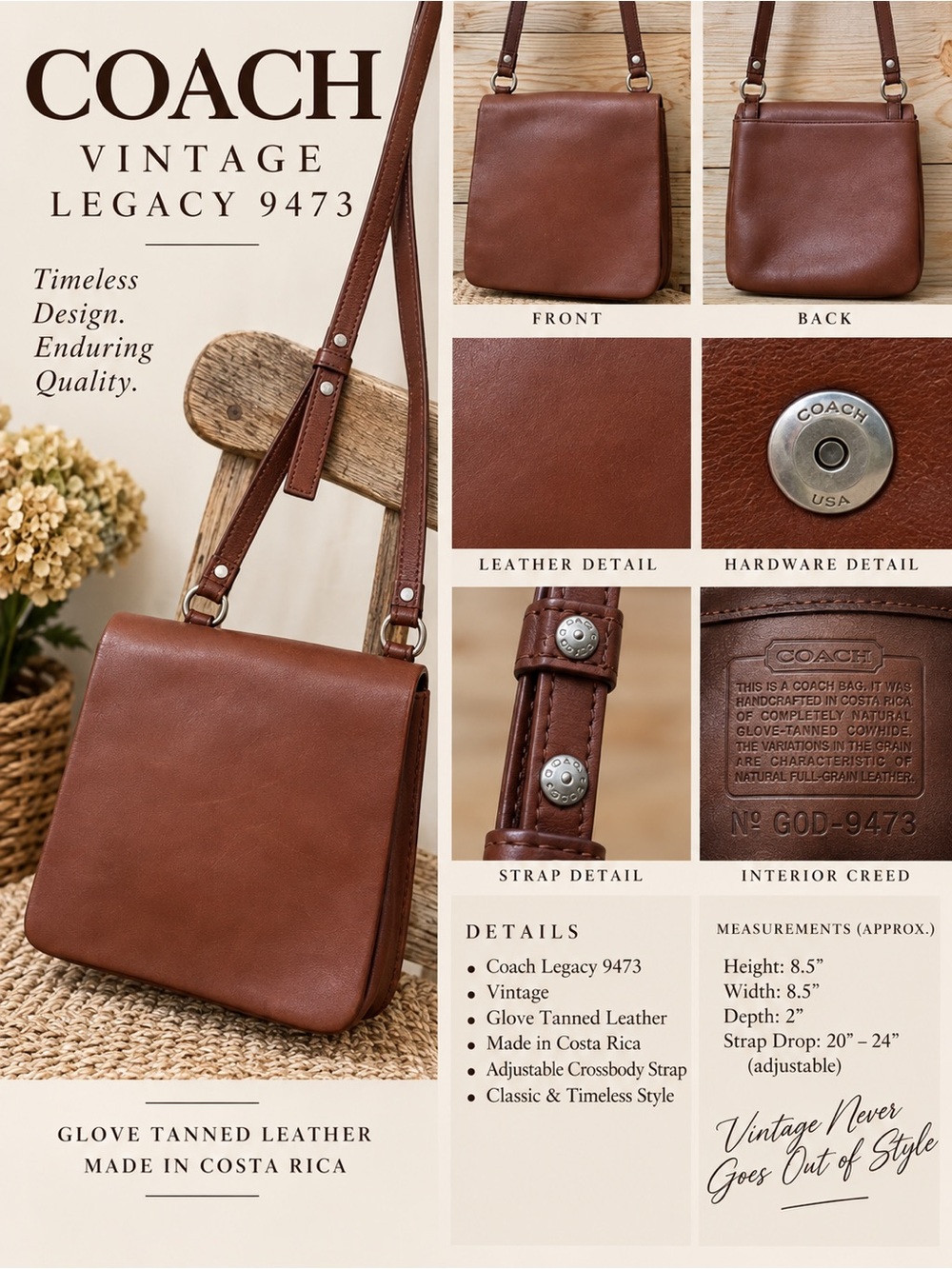 Vintage Coach Legacy 9473 Brown Glove Tanned Leather Crossbody Bag Costa Rica